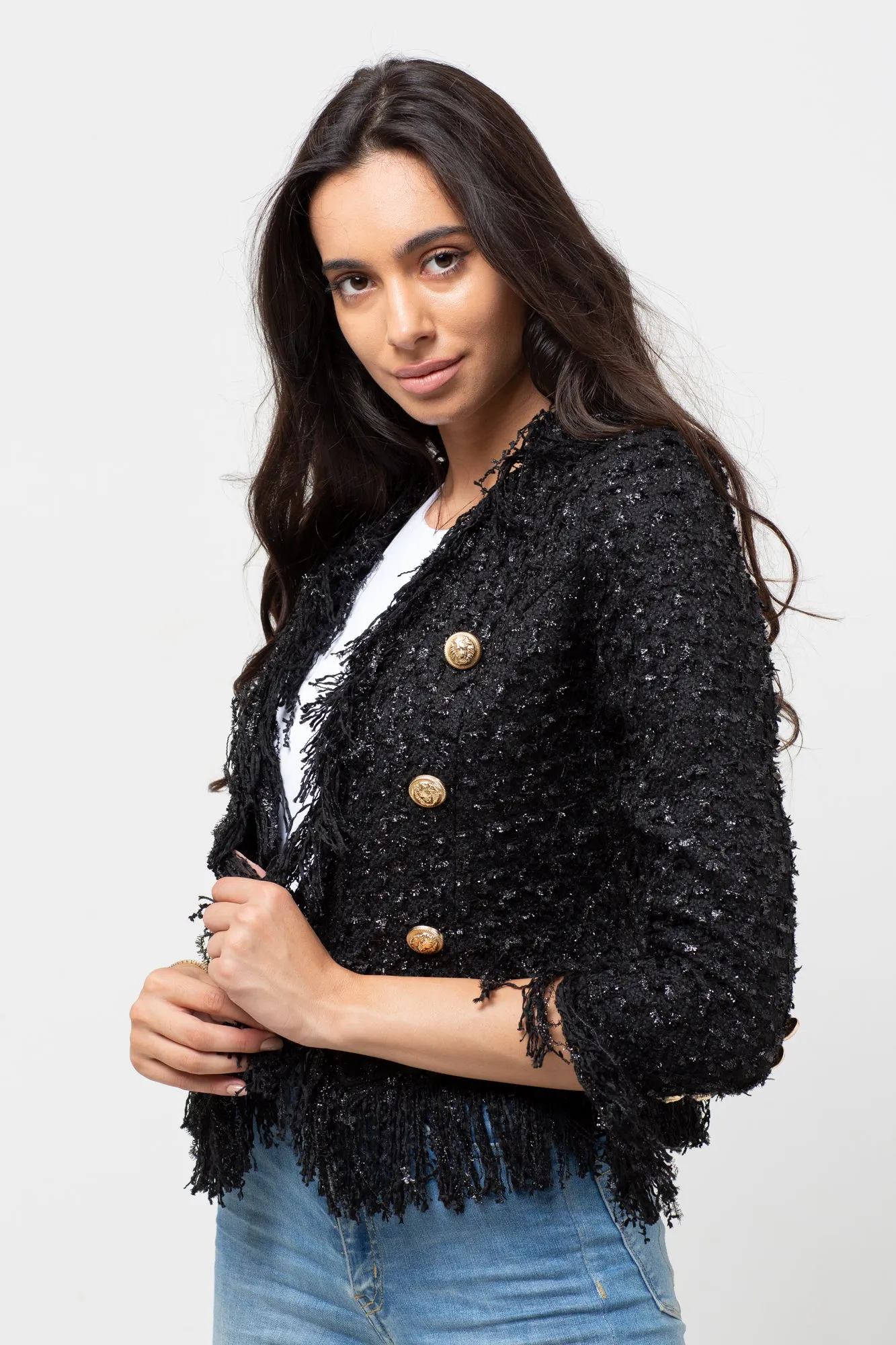 FRINGED TWEED CARDIGAN BLACK