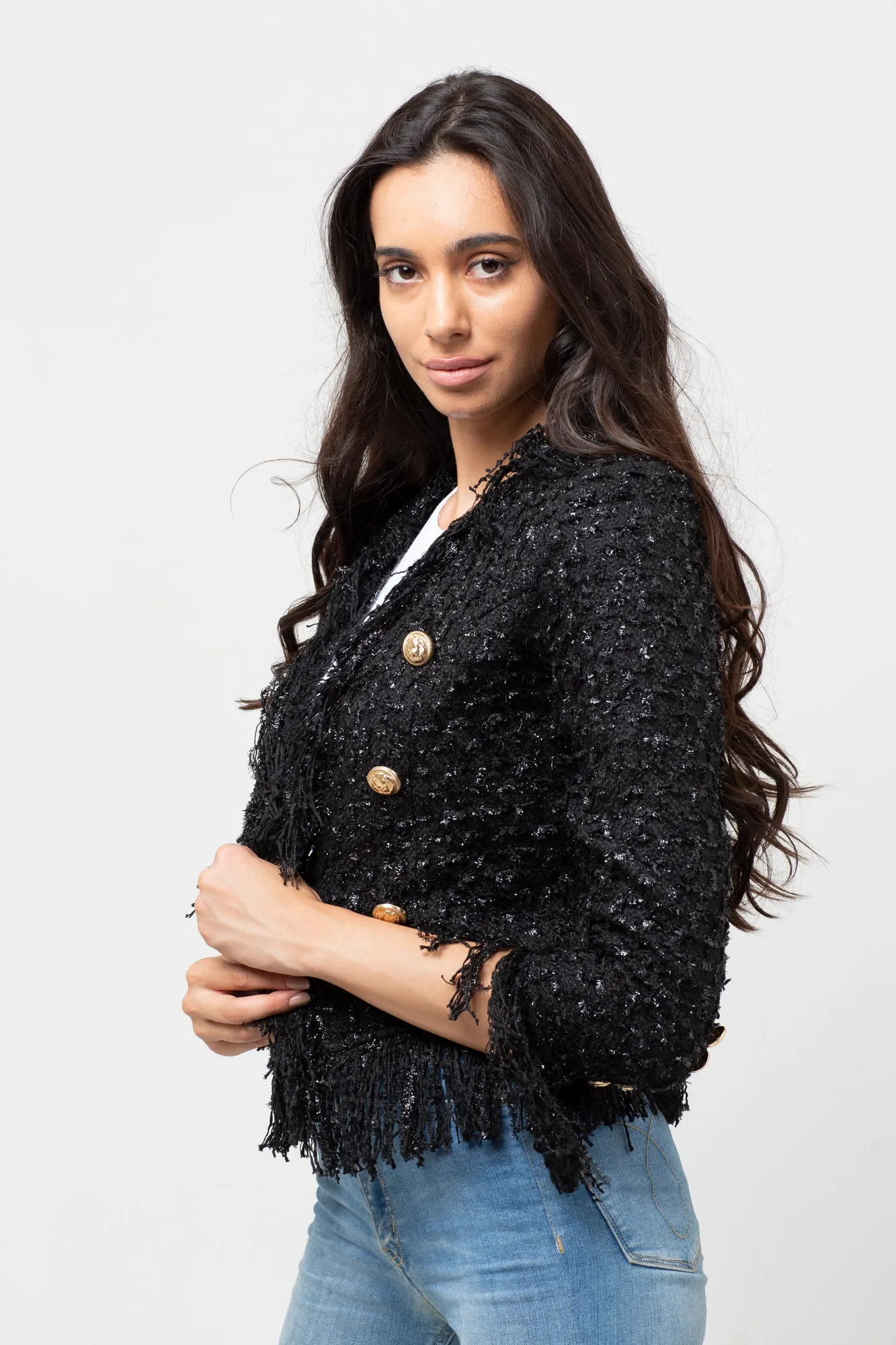 FRINGED TWEED CARDIGAN BLACK