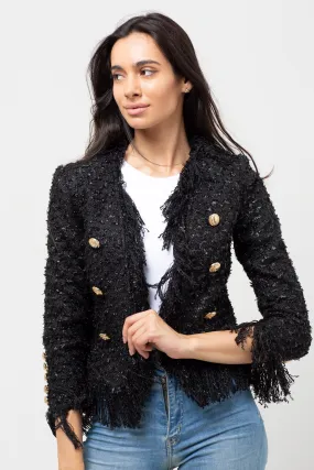 FRINGED TWEED CARDIGAN BLACK