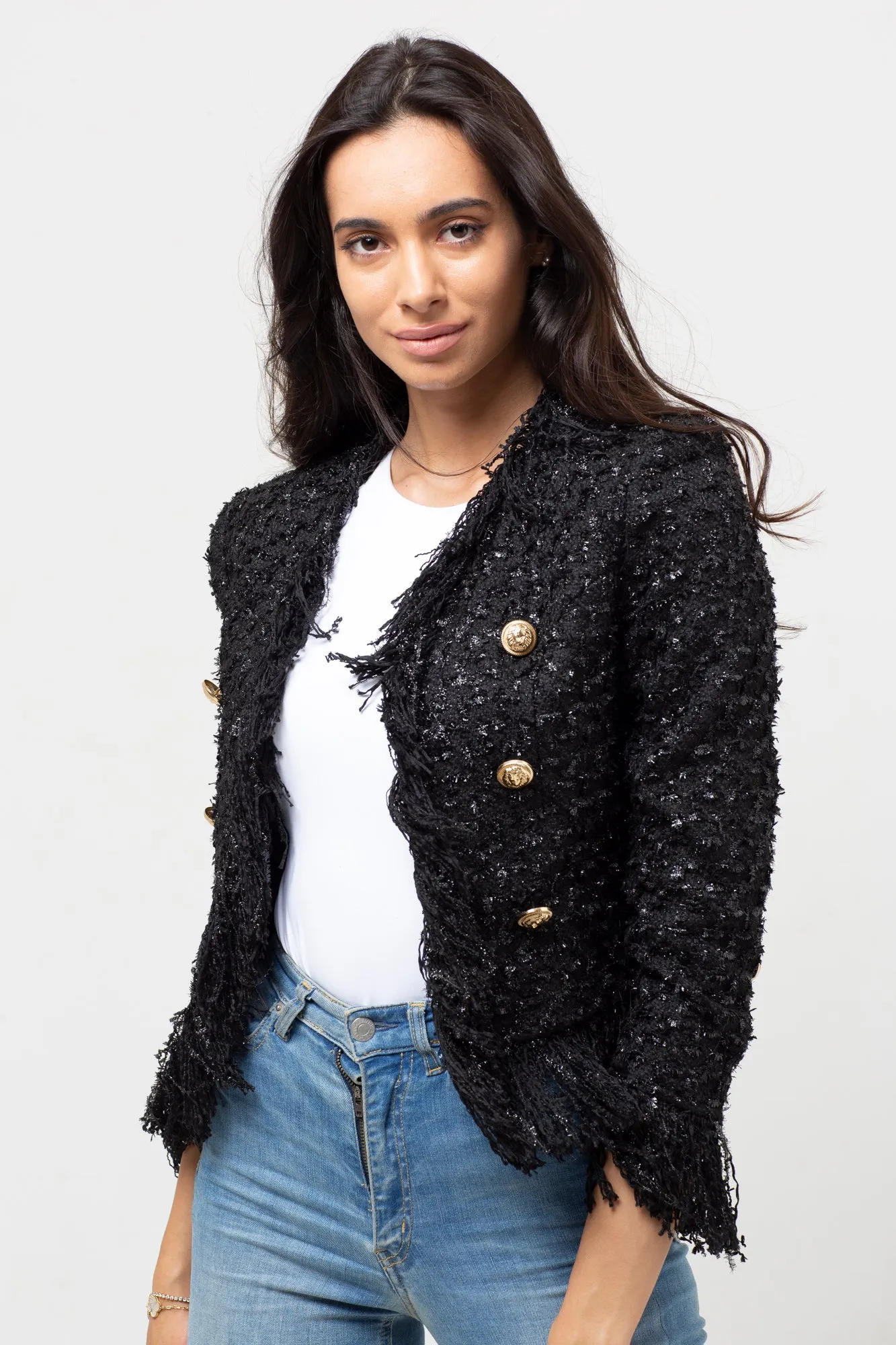 FRINGED TWEED CARDIGAN BLACK