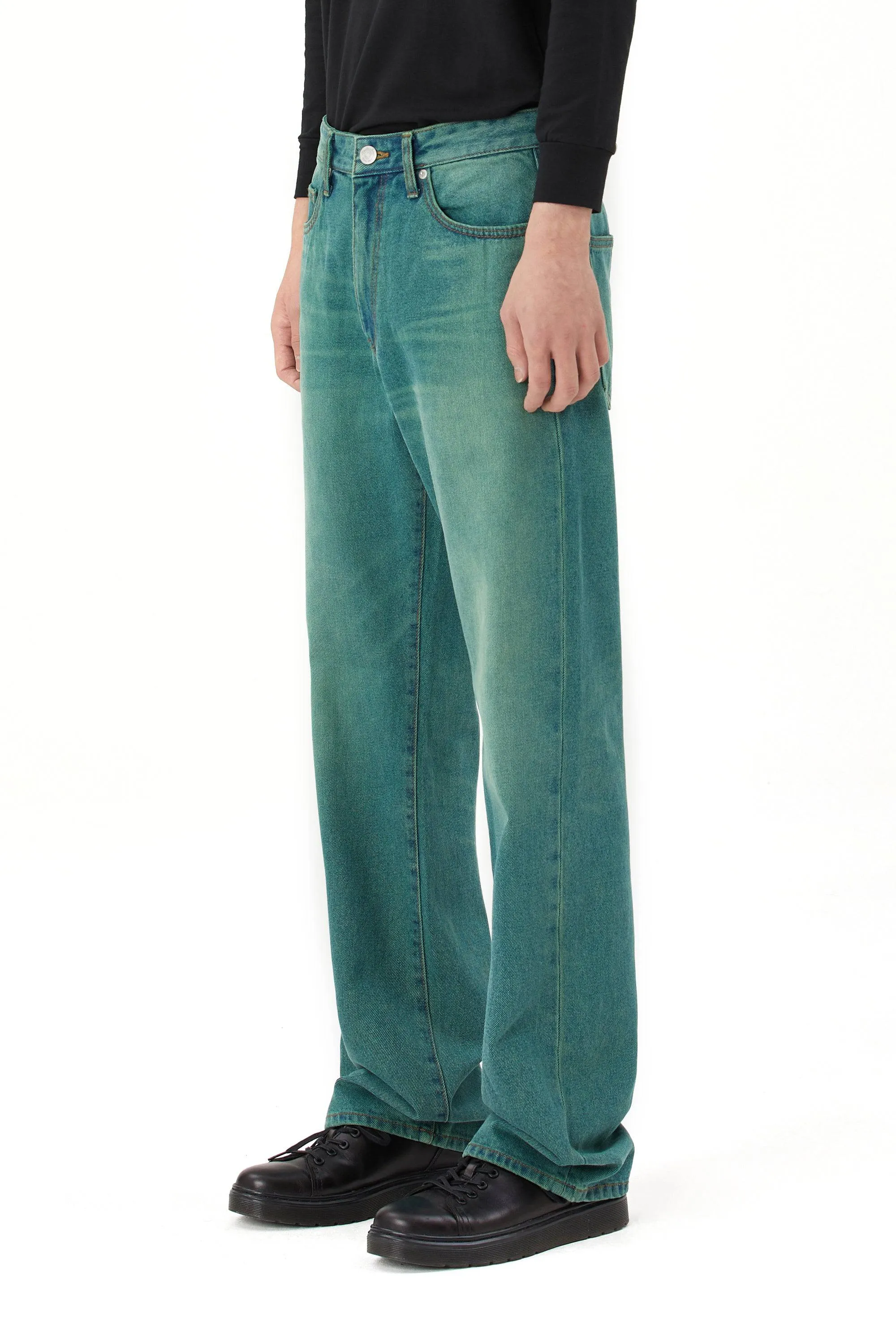 Green Tinted Denim Pants - Green Blue