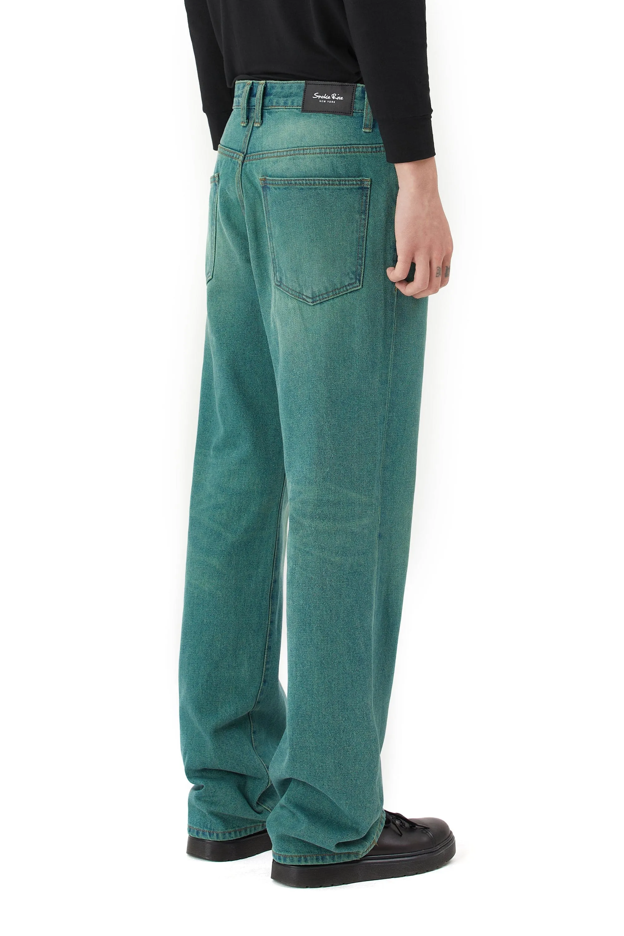 Green Tinted Denim Pants - Green Blue