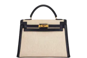 HERMES KELLY 32 (STAMP X CIRCLE) INDIGO BLUE TOILE CANVAS GOLD HARDWARE, WITH KEYS, LOCK, STRAP & DUST COVER