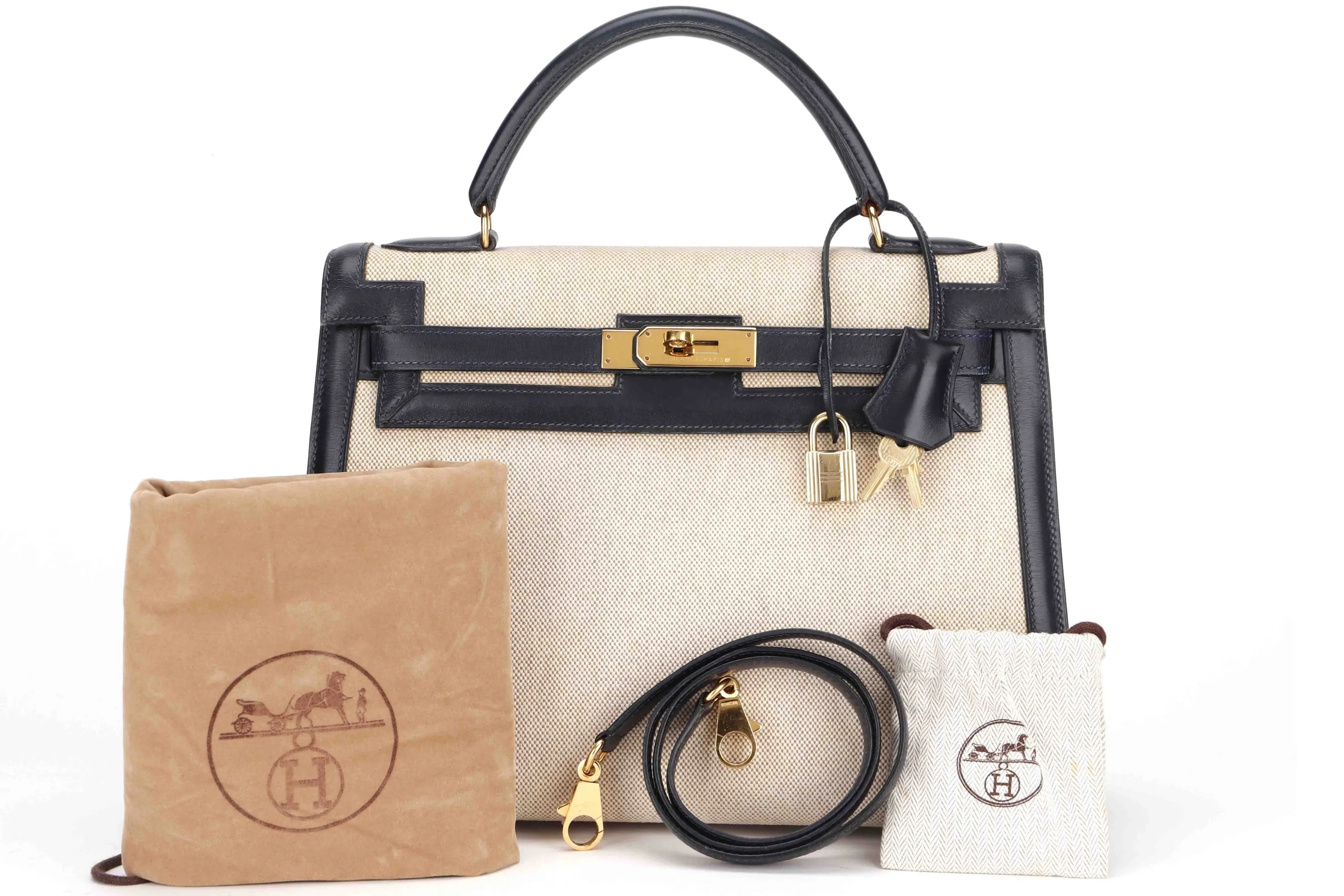 HERMES KELLY 32 (STAMP X CIRCLE) INDIGO BLUE TOILE CANVAS GOLD HARDWARE, WITH KEYS, LOCK, STRAP & DUST COVER