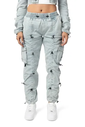 High Rise Multi Bungee Cargo Denim Joggers - Speckle Blue