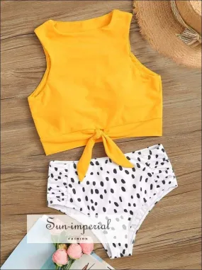 Knot front top with Dot High Waist Bikini Set - Yellow