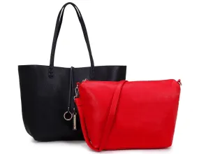 LARGE REVERSIBLE TOTE BAG SET WITH CROSSBODY BAG - BLACK / RED