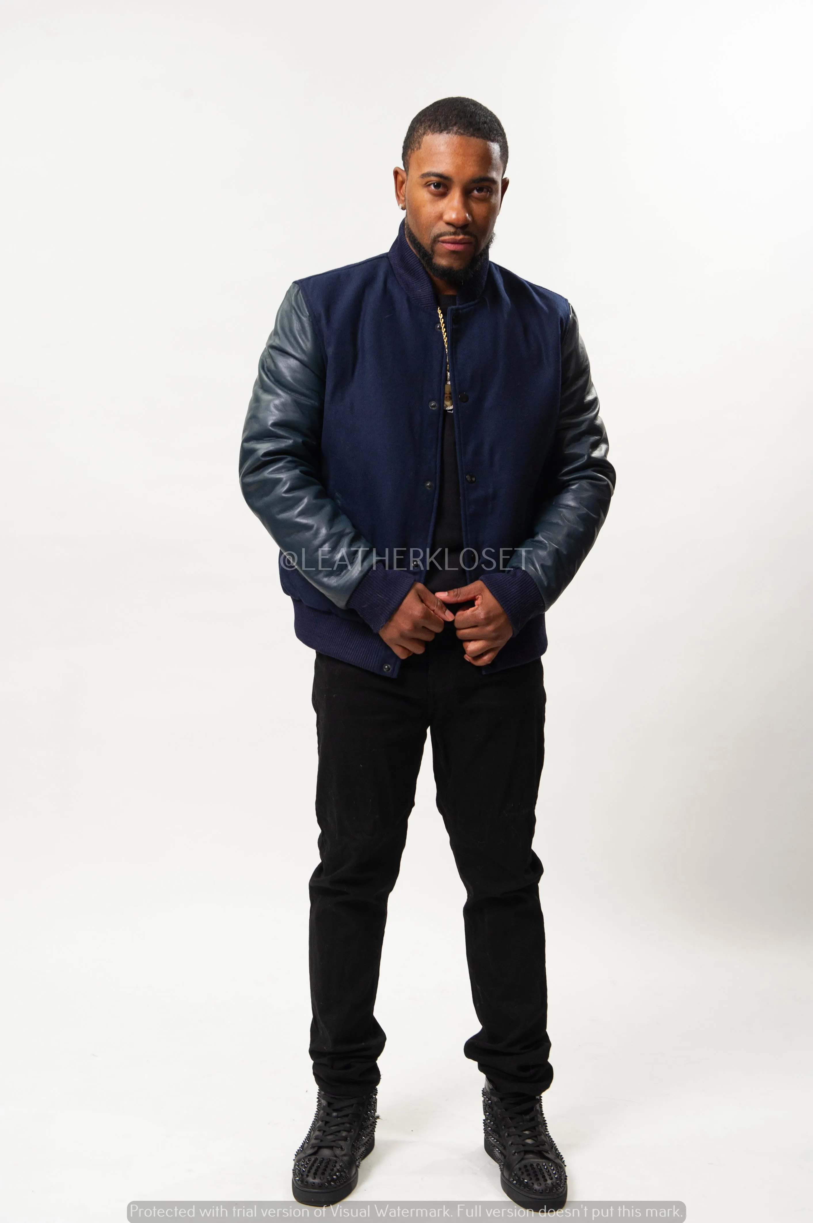 Men's Classic Wool And Leather Varsity Jacket [Navy/Navy]