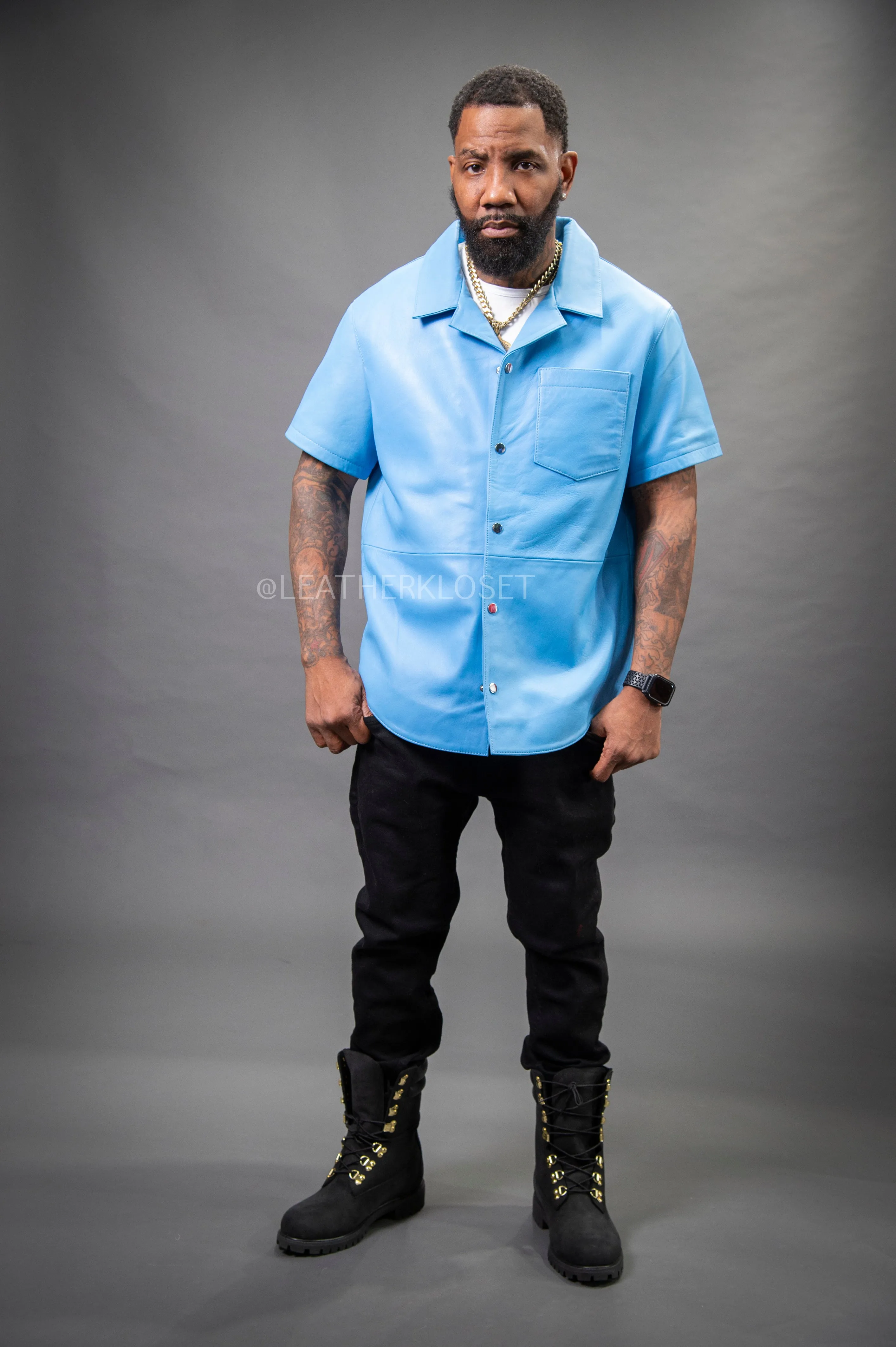 Men's Summer In Miami Luka Leather Short Sleeve Shirt [Baby Blue]