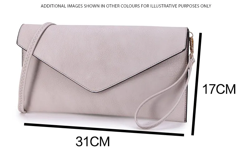 METALLIC PEWTER OVER-SIZED ENVELOPE CLUTCH BAG WITH LONG CROSS BODY AND WRISTLET STRAP