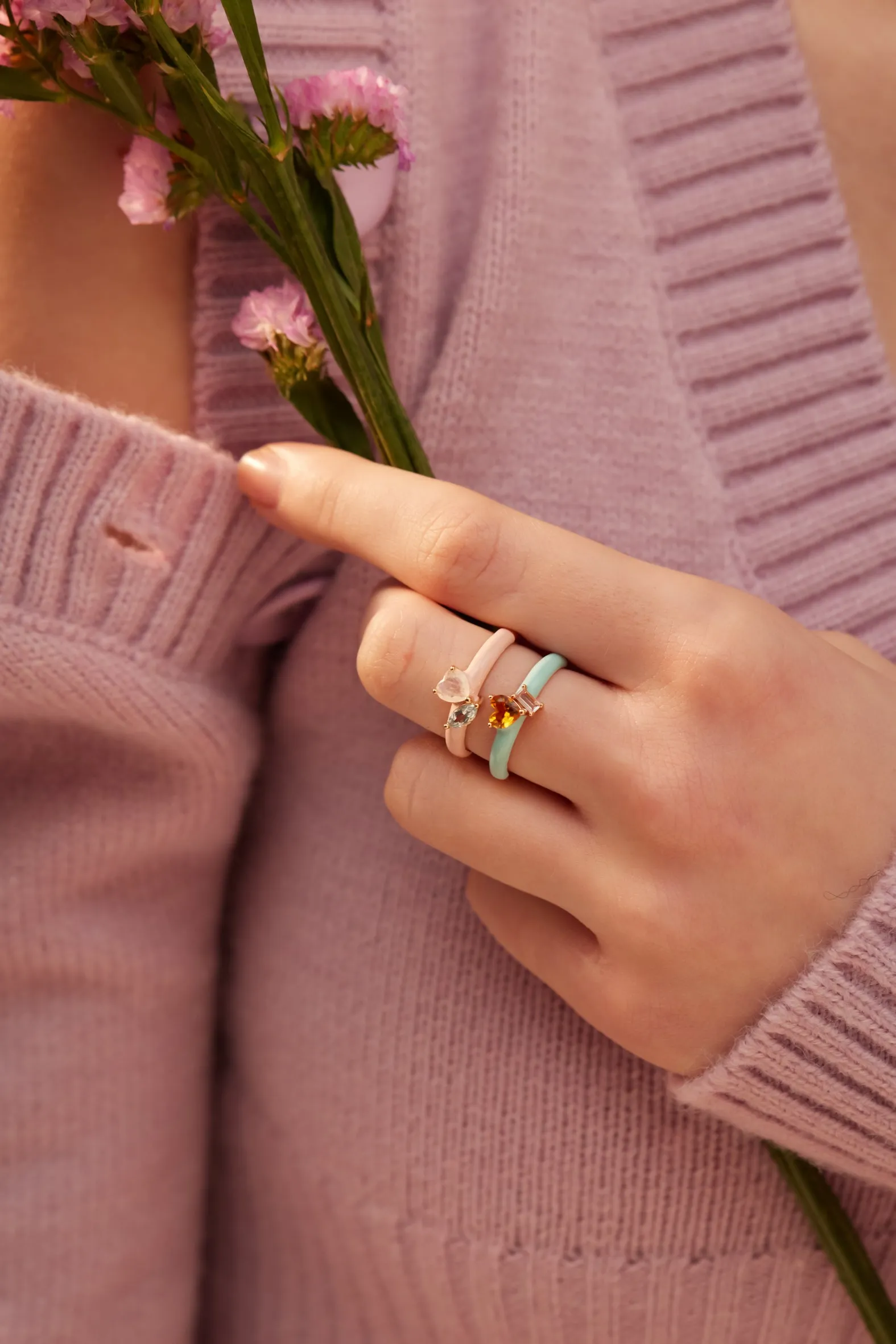 Moonstone & Blue Topaz Gold Enamel Heart Ring