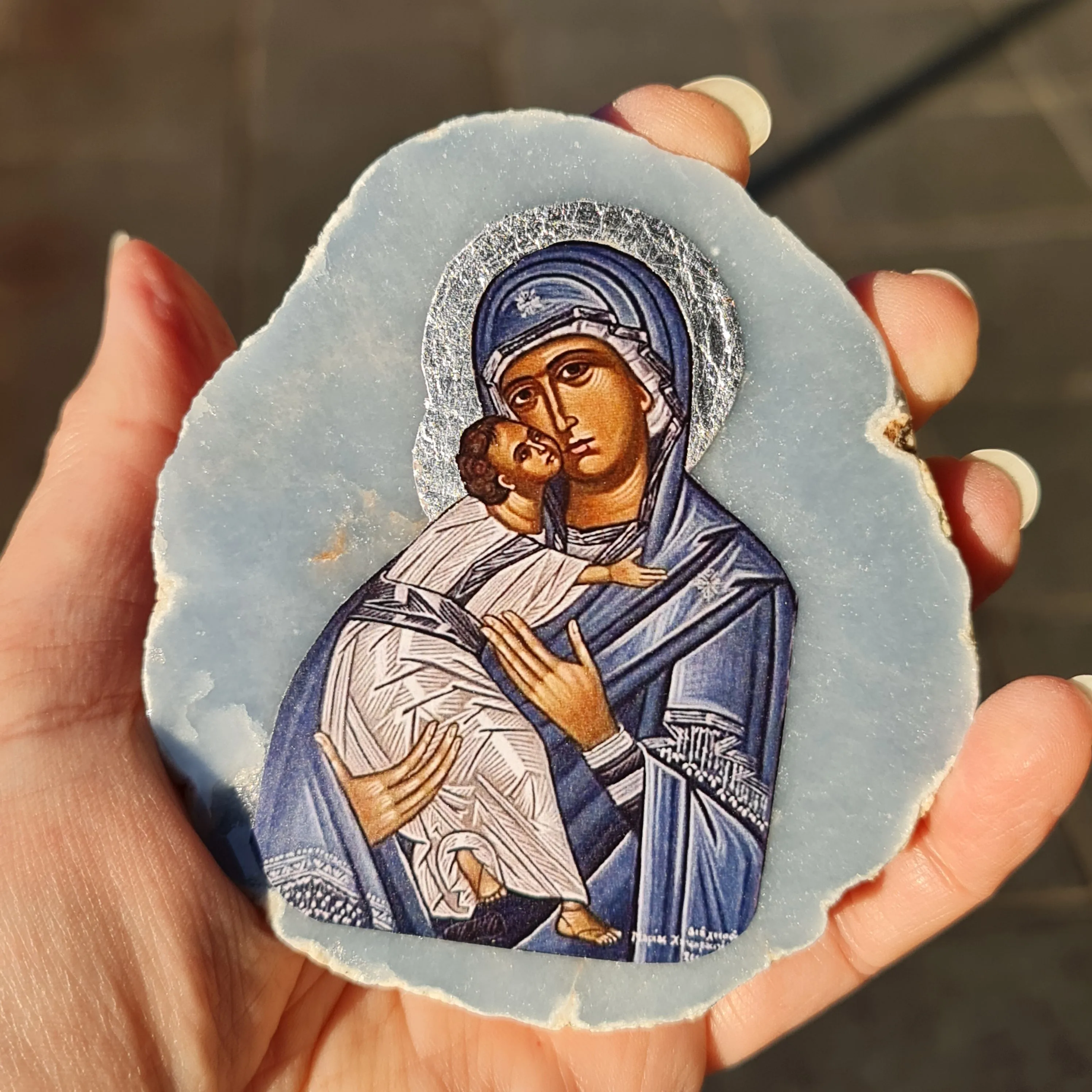 Panayia Icon on Blue Angelite Stone