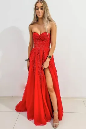 Red Sleeveless Sweetheart A Line Lace Long Prom Dresses