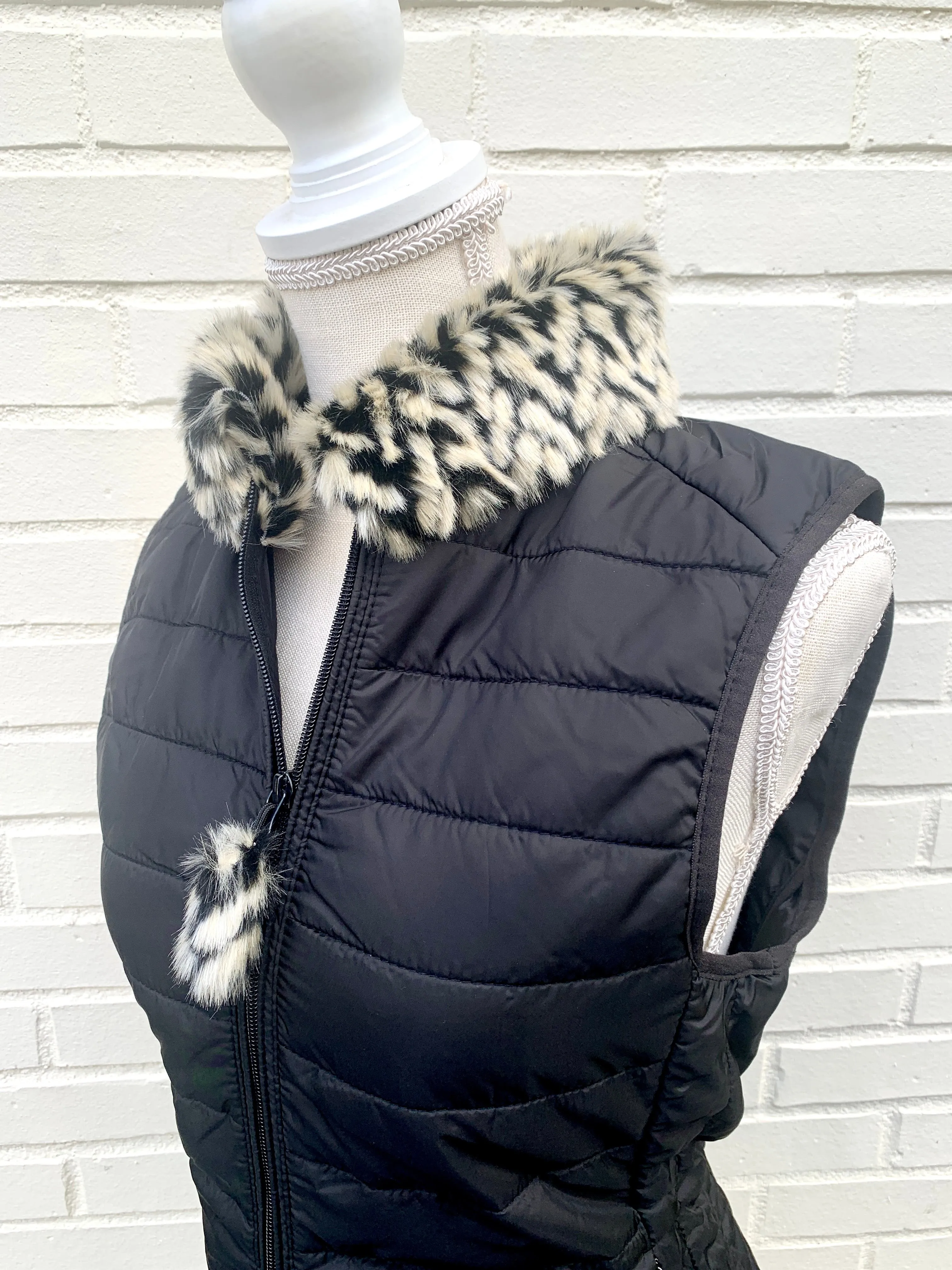 SALE - XS ONLY Blondie Black Puffer Vest w Faux Herringbone Fur (PFF Black 3) Final sale