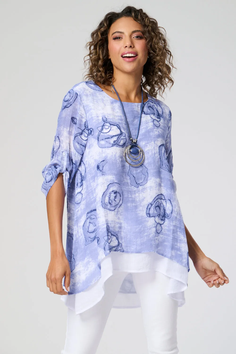 Saloos Swirl Print Double Layer Top with Necklace