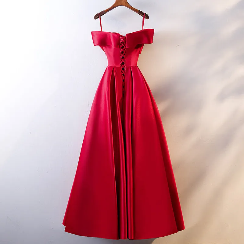 Satin Feel Red Dress Slash Neck Bow