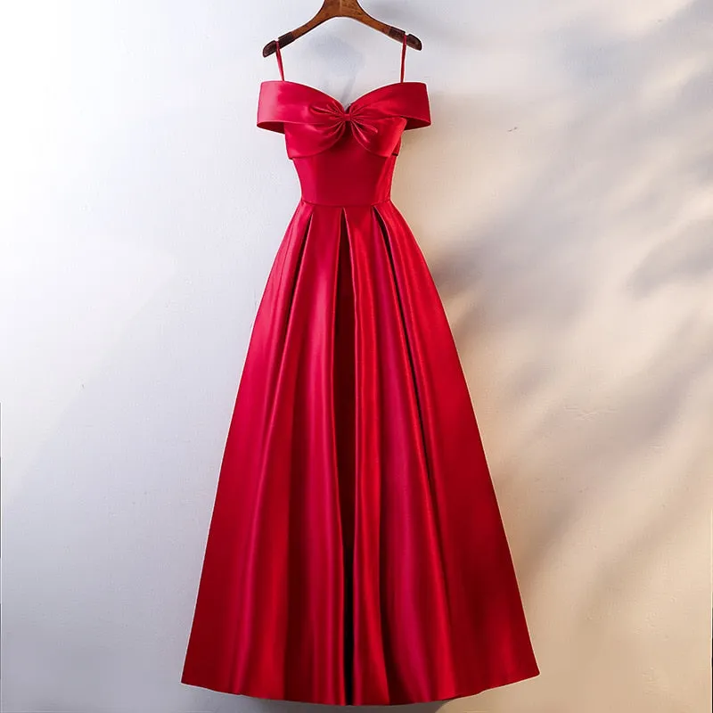 Satin Feel Red Dress Slash Neck Bow