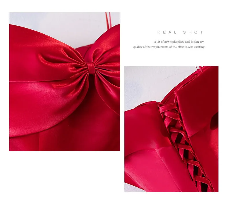 Satin Feel Red Dress Slash Neck Bow