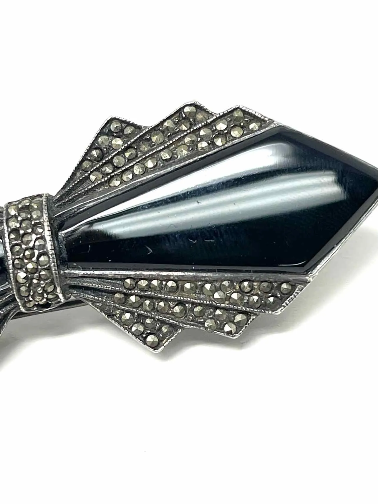 Silver/Black Bow Semi Precious Stone Vintage Jewelry Brooch