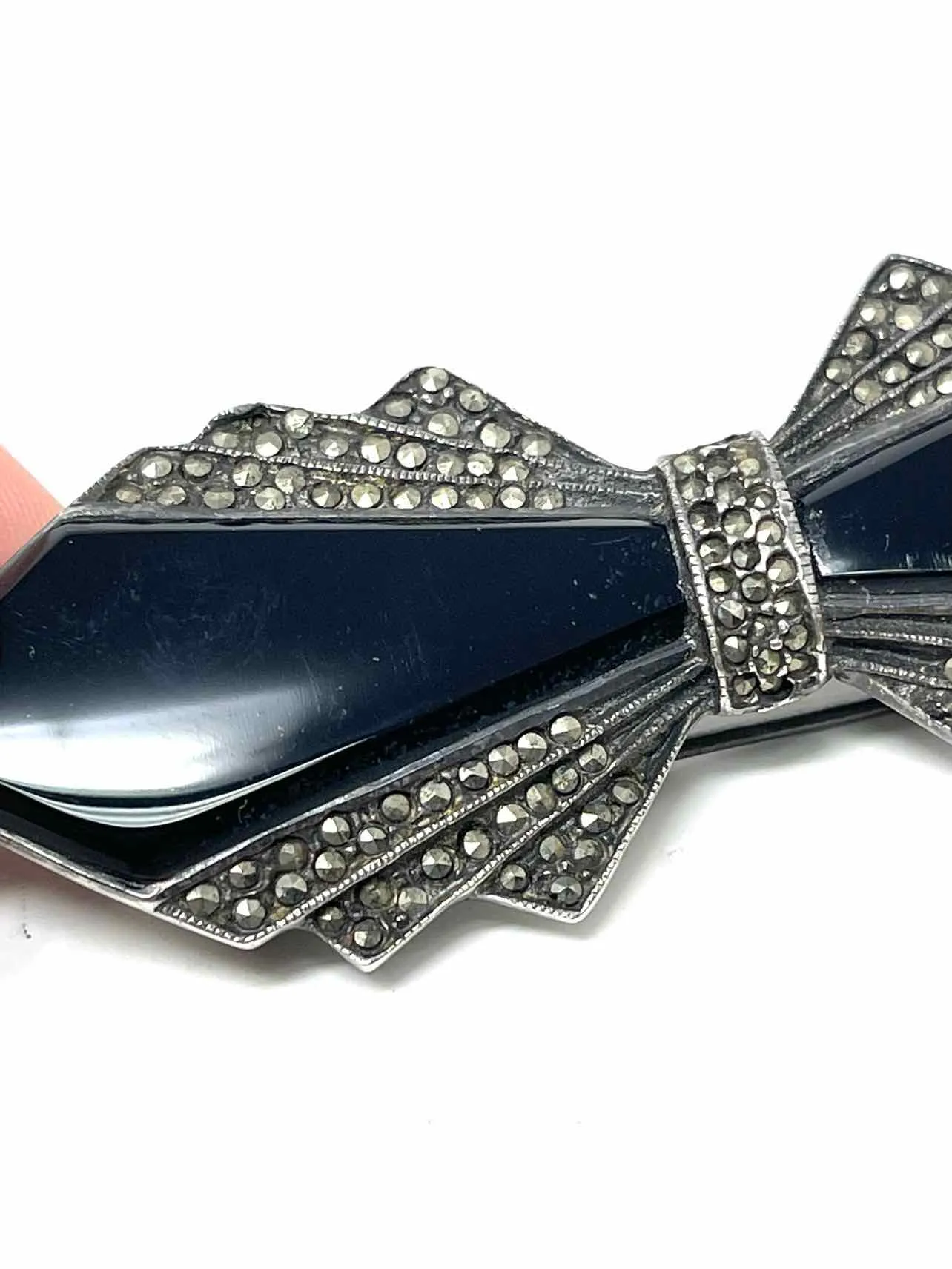 Silver/Black Bow Semi Precious Stone Vintage Jewelry Brooch