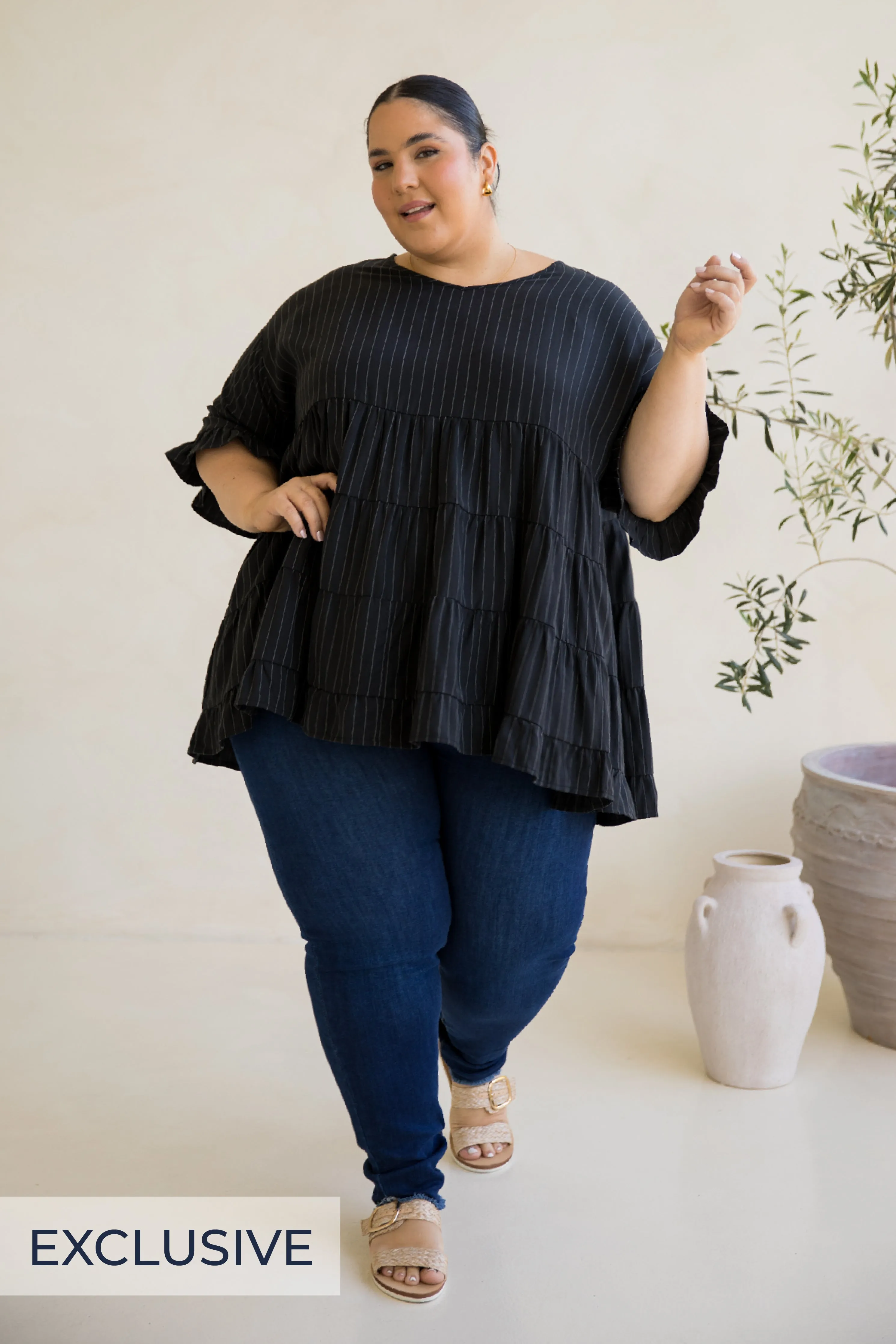 Sofia Top in Black Pinstripe