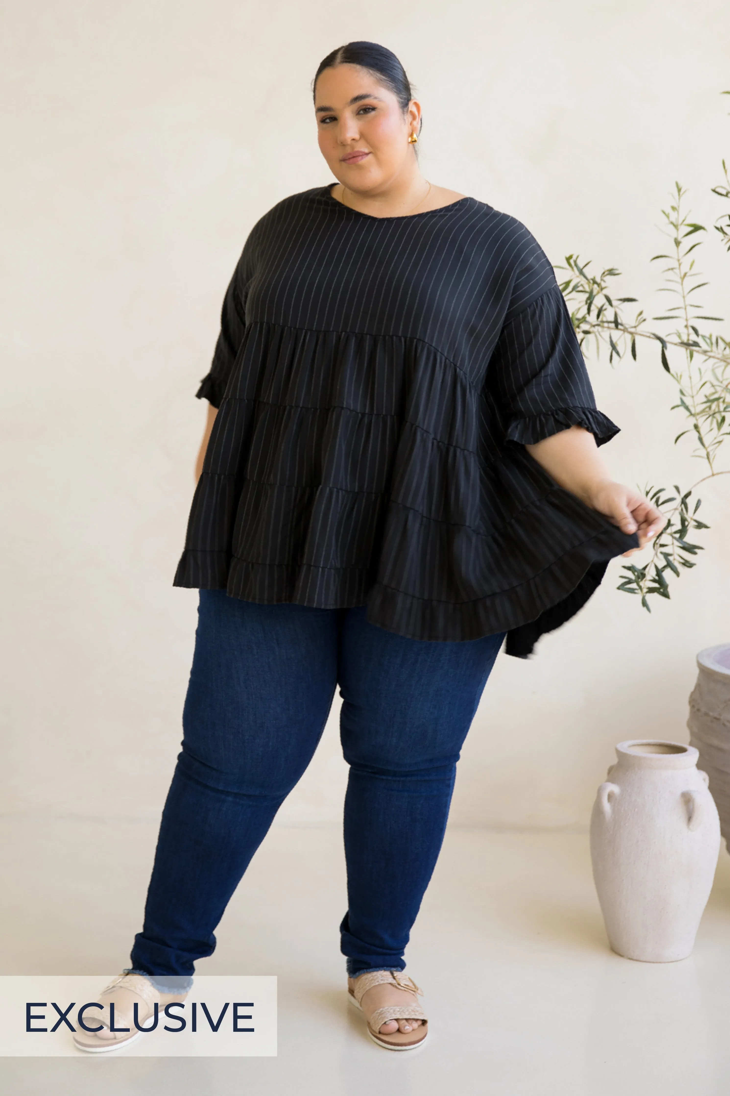 Sofia Top in Black Pinstripe