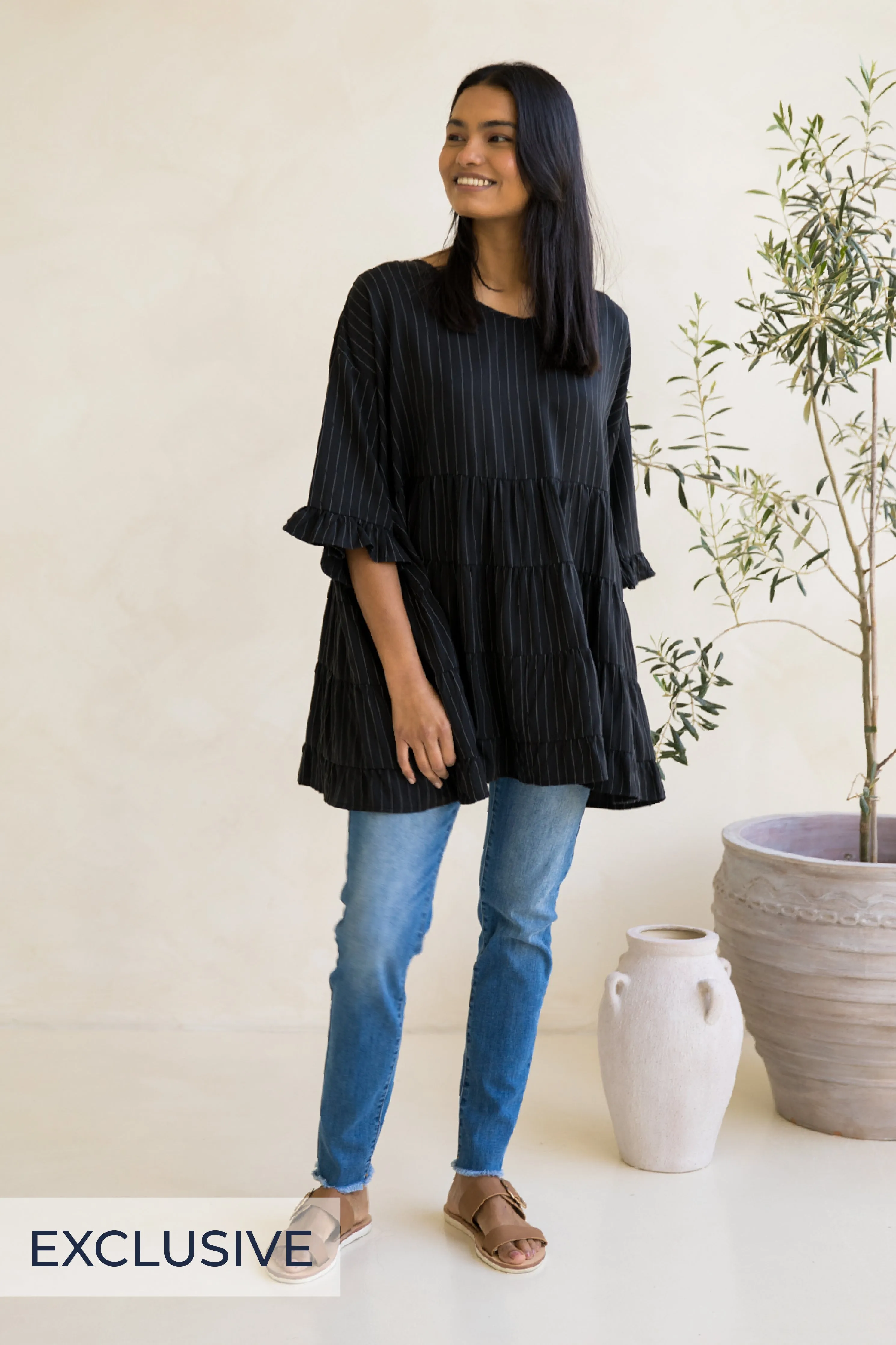 Sofia Top in Black Pinstripe