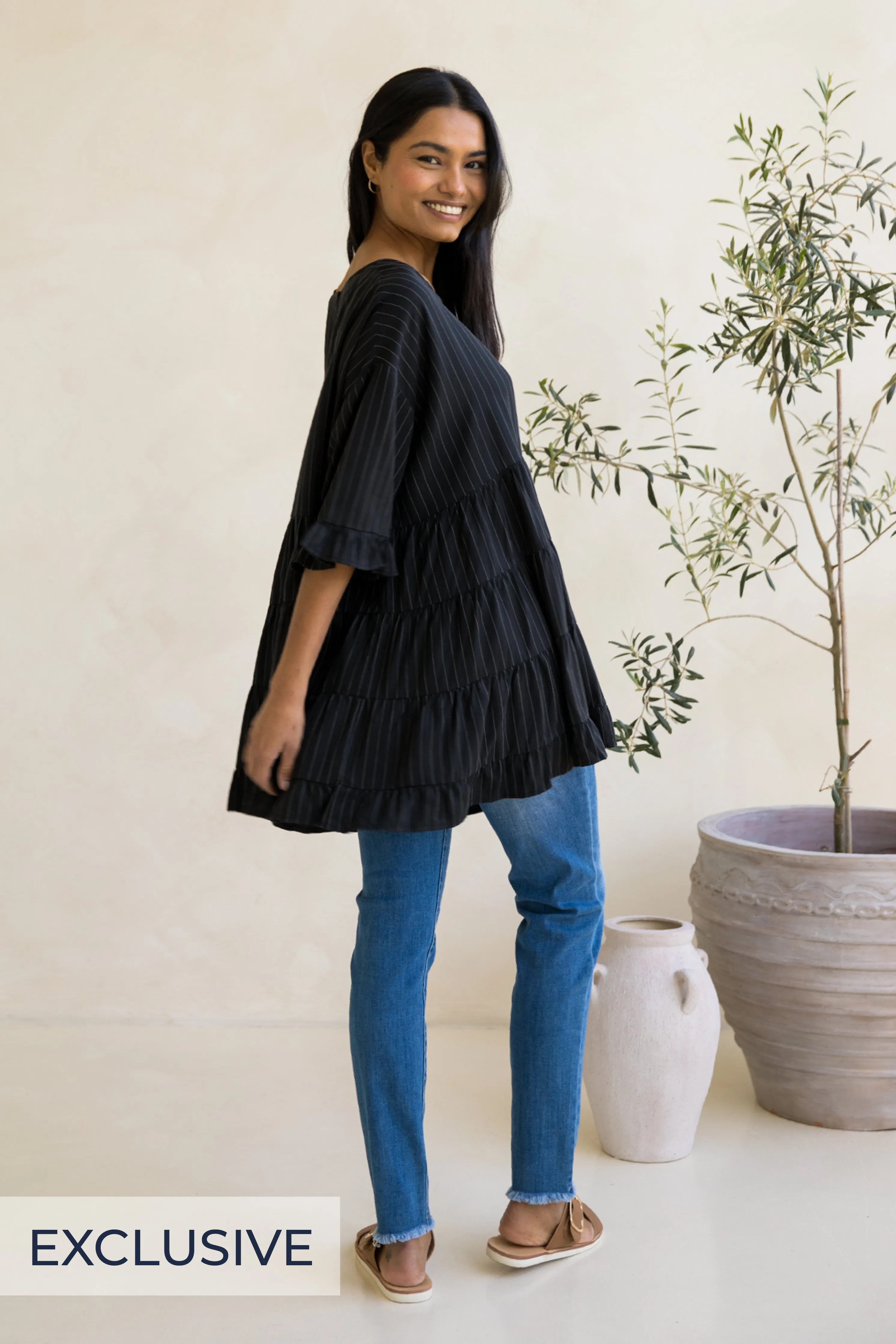 Sofia Top in Black Pinstripe