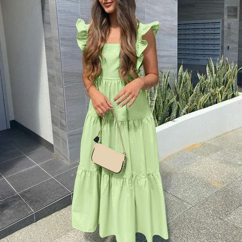 Square Collar Bow Tie Long Dress