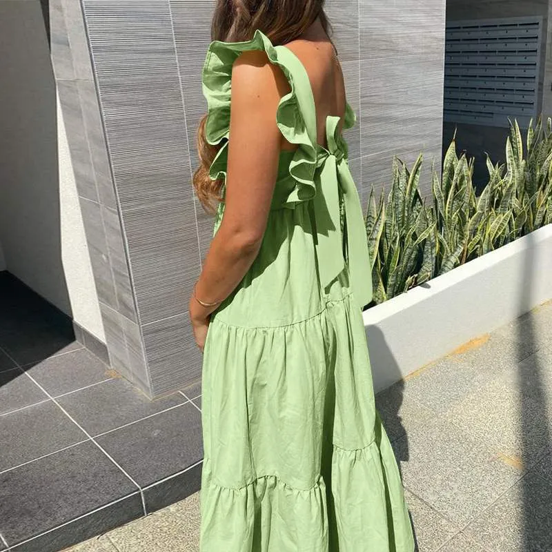 Square Collar Bow Tie Long Dress