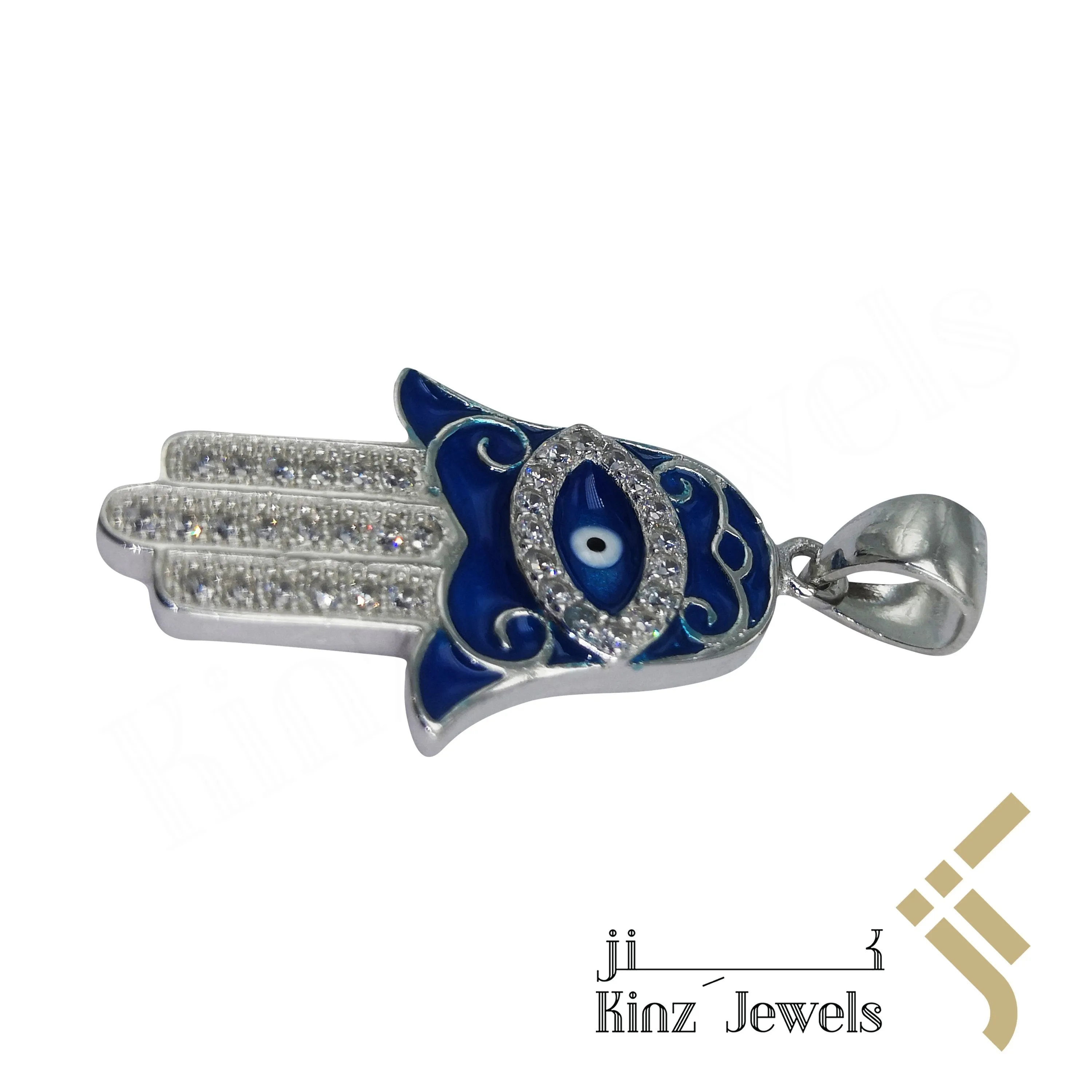 Sterling Silver Hamsa Evil Eye Blue Enamel  Zircon Fingers Pendant