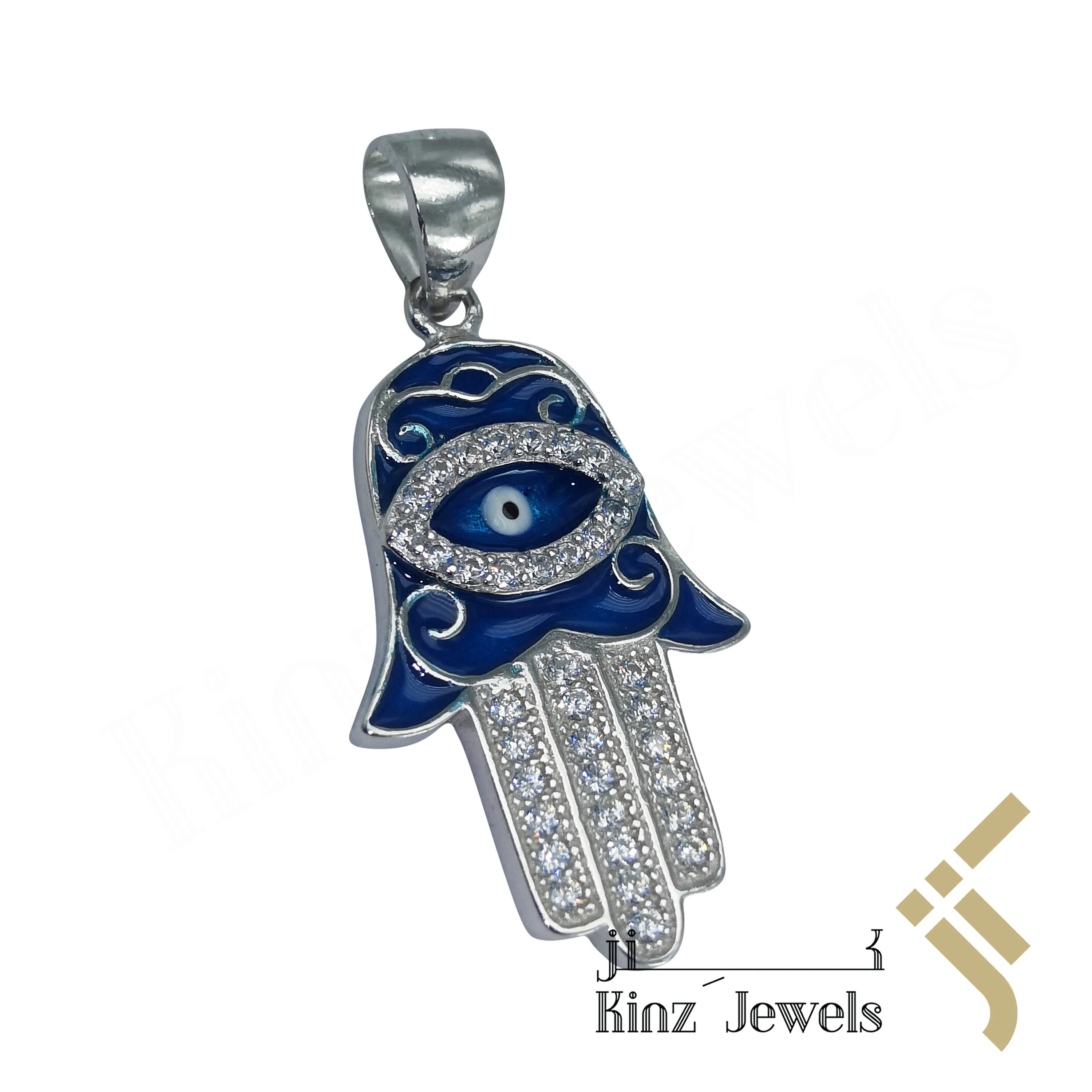 Sterling Silver Hamsa Evil Eye Blue Enamel  Zircon Fingers Pendant