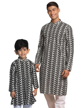 VASTRAMAY Black Pure Cotton Chikankari Kurta Baap Beta Set