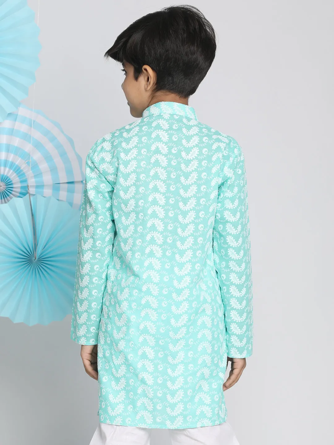 VASTRAMAY Boy's Green Lukhnowi Chikankari Kurta