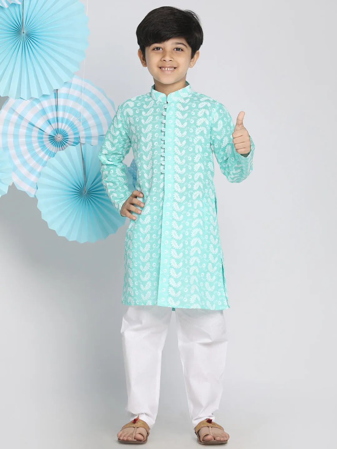 VASTRAMAY Boy's Green Lukhnowi Chikankari Kurta