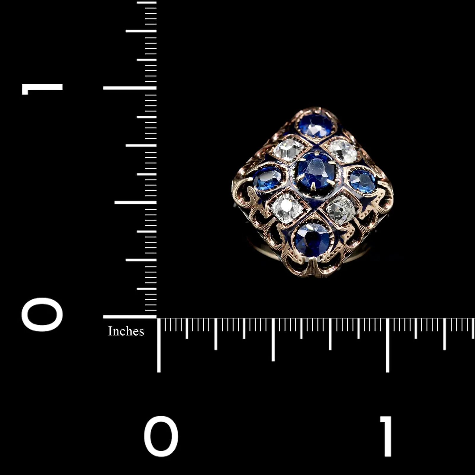 Vintage 14K Yellow Gold Estate Sapphire, Enamel and Diamond Ring