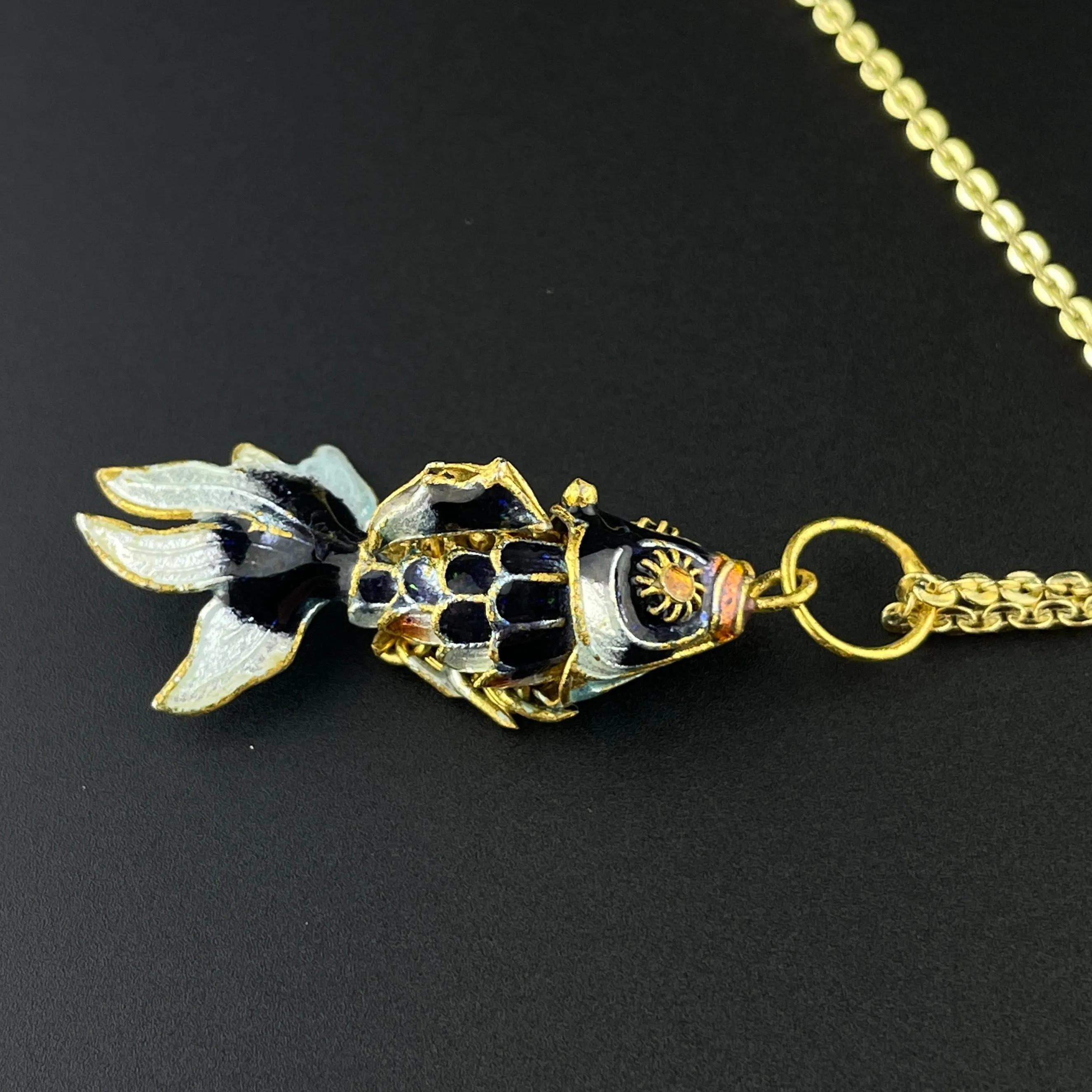 Vintage Articulated Blue Enamel Fish Pendant Necklace