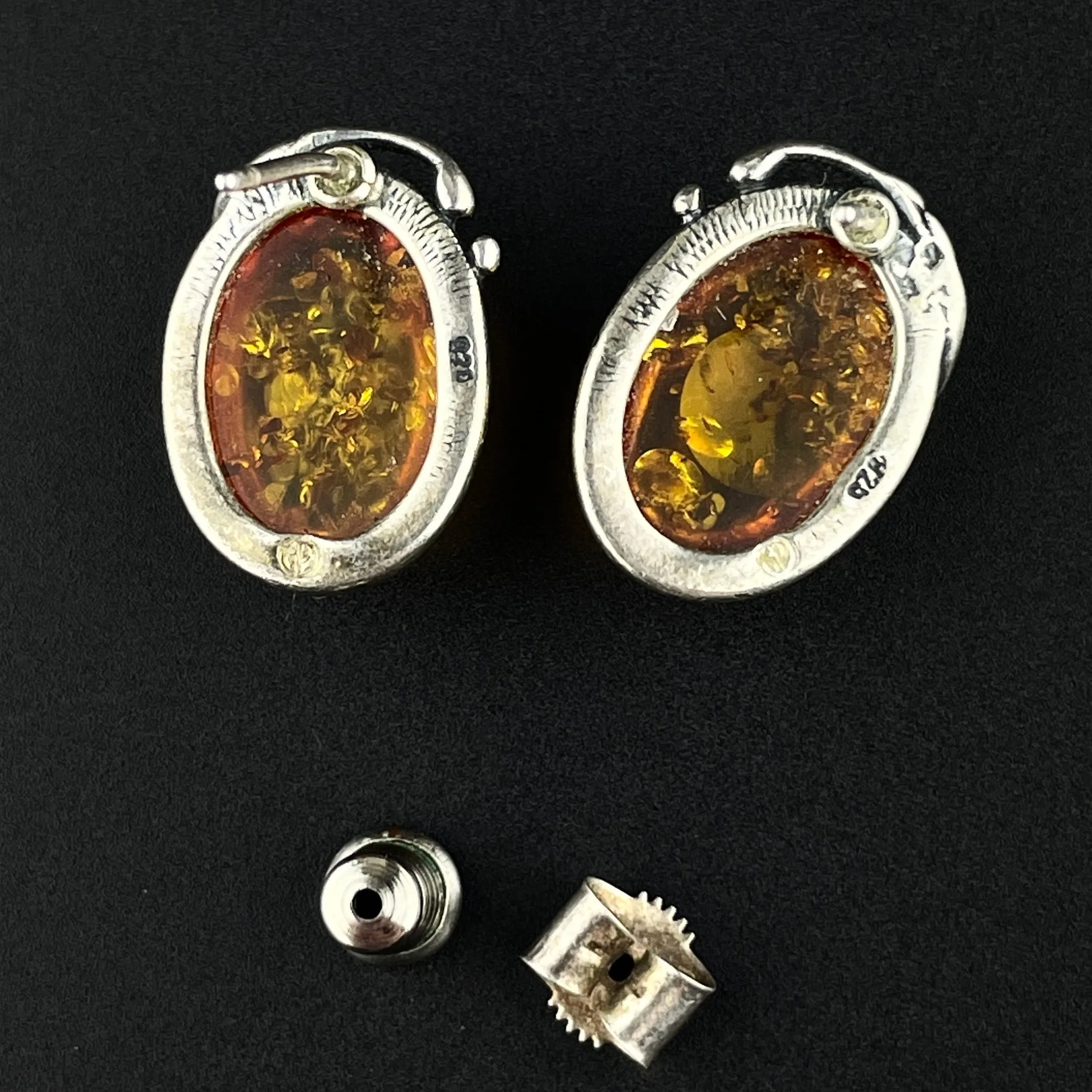 Vintage Arts and Crafts Style Silver Baltic Amber Cabochon Earrings