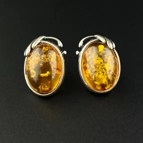 Vintage Arts and Crafts Style Silver Baltic Amber Cabochon Earrings