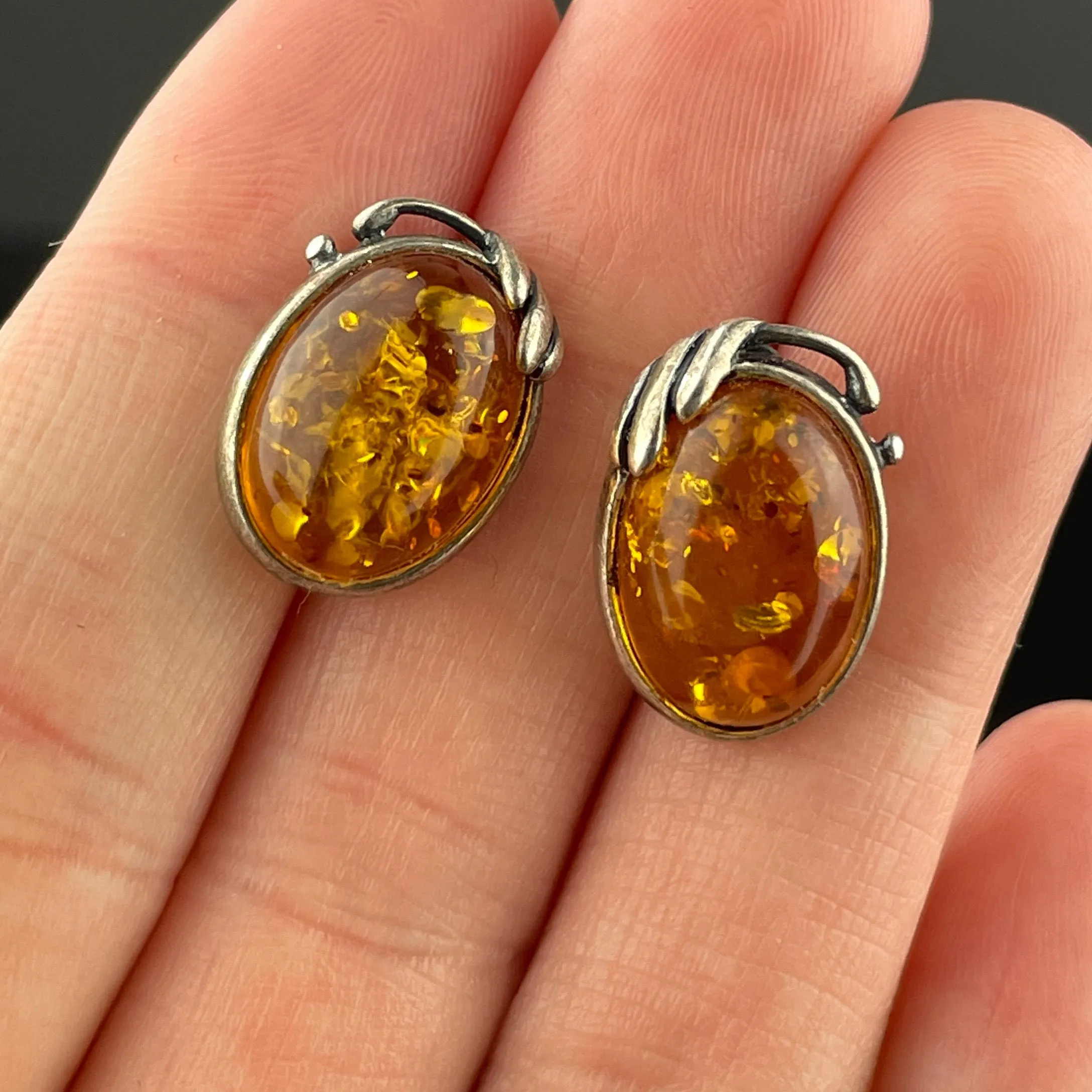 Vintage Arts and Crafts Style Silver Baltic Amber Cabochon Earrings